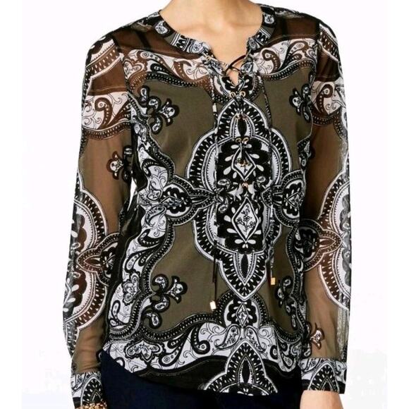 INC International Concepts Green LACE-UP MESH PRINT Sheer Blouse Shirt Top XXL - Picture 2 of 9